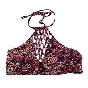 Rue 21 RueBleu Women's Black Pink Neon Boho High Neck Lattice Weave Bikini Top M